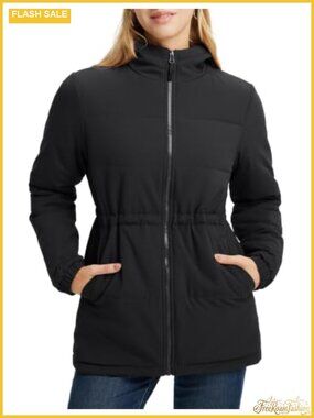 Women's Long Quilted Puffer Jacket Hooded Cinched Waist Winter Coat